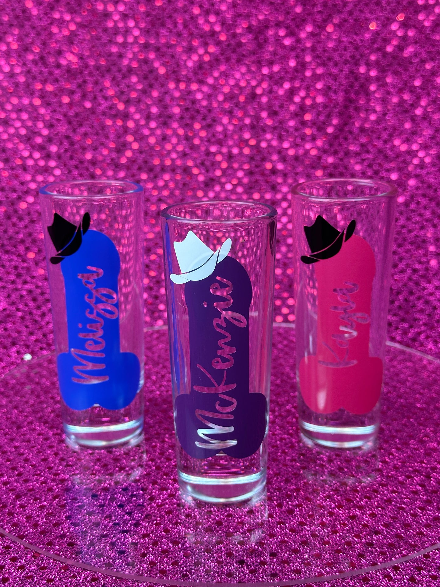 Personalized Cowgirl Hat Bachelorette Shot Glass - Penis with Cowboy Hat