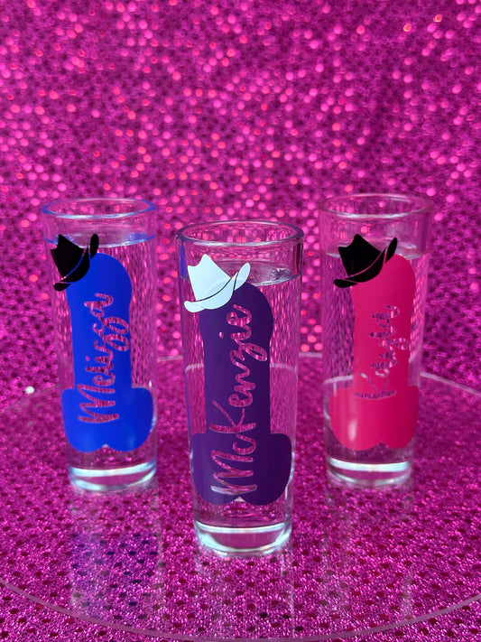 Personalized Cowgirl Hat Bachelorette Shot Glass - Penis with Cowboy Hat